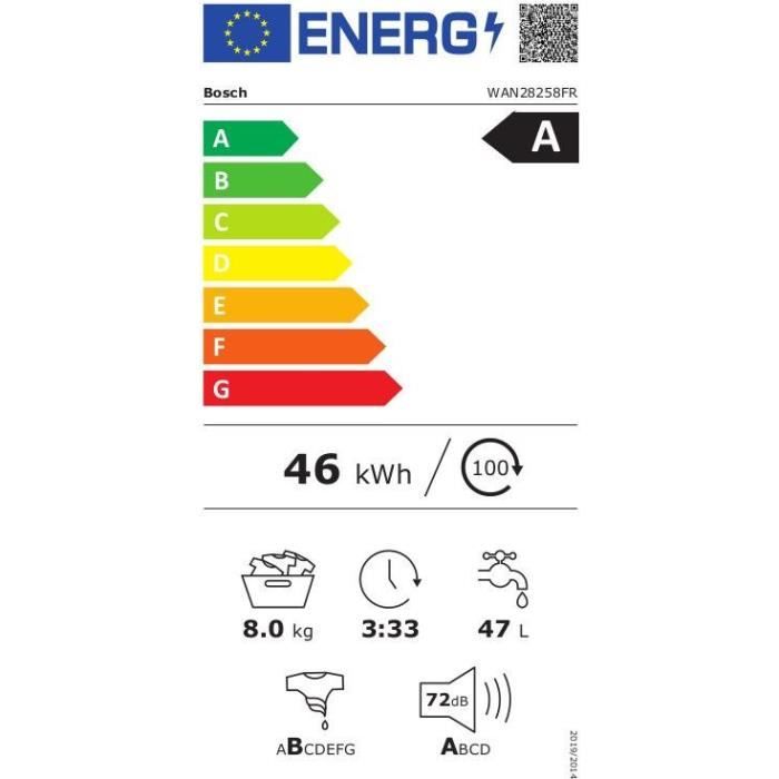 Lave-linge hublot BOSCH WAN28258FR SER4 - 8 kg - Induction - Fonction Vapeur - L60cm - 1400 trs/min - Classe A - Blanc