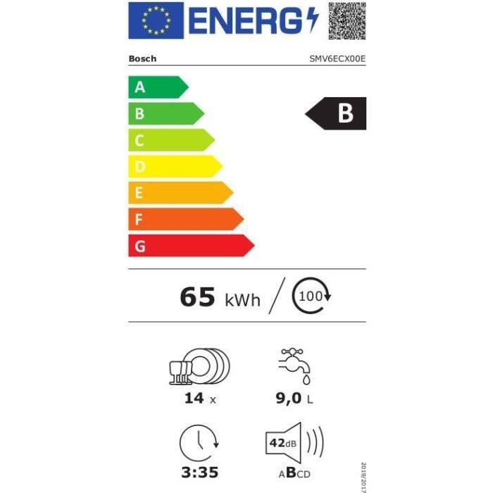 Lave-vaisselle tout intégrable BOSCH SMV6ECX00E SER6 - 14 couverts - Induction - L60cm - 42dB - Classe B