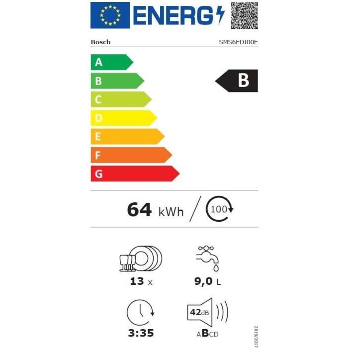 Lave-vaisselle pose libre BOSCH SMS6EDI00E SER6 - 13 couverts - Induction - L60cm - 42 dB - Classe B - Acier