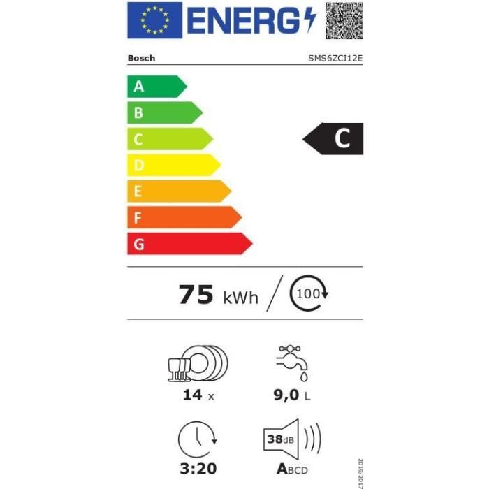 Lave-vaisselle pose libre BOSCH SMS6ZCI12E SER6 - 14 couverts - Induction - L60cm - 38dB - Classe C - Gris Inox