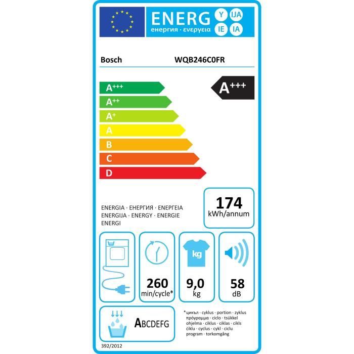 Seche-linge pompe a chaleur BOSCH WQB246C0FR SER8 - 9 kg - Induction - L60cm - Classe A+++ - Blanc