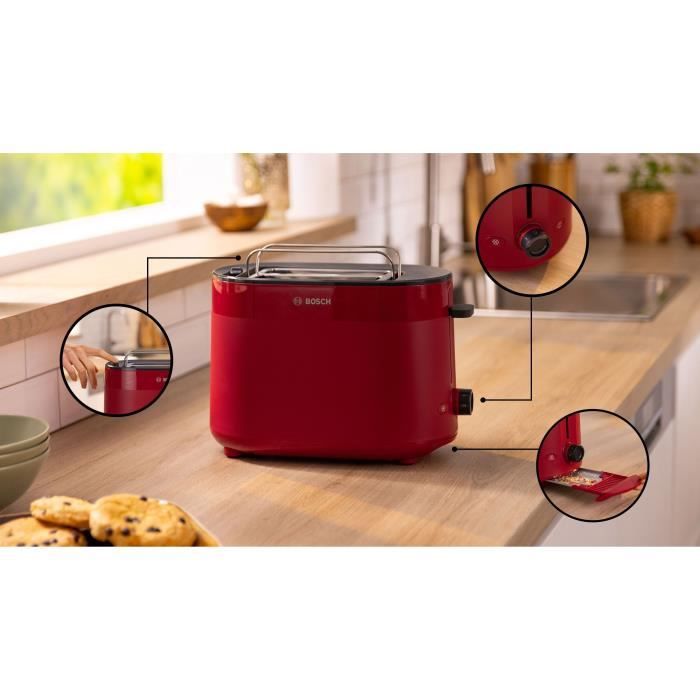 Toaster - BOSCH -  TAT2M124 MyMoment - Rouge - 2 tranches - centrage automatique du pain - fonctions décongélation et réchauffage