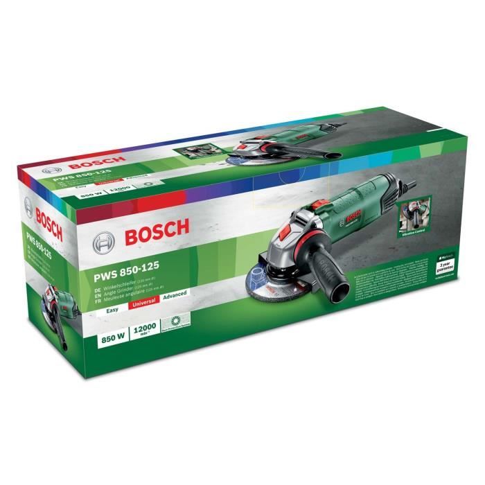 Meuleuse a main Bosch - PWS 850-125 + AVH (Livrée dans un carton 1 poignée anti-vibration, 1 capot de protection)