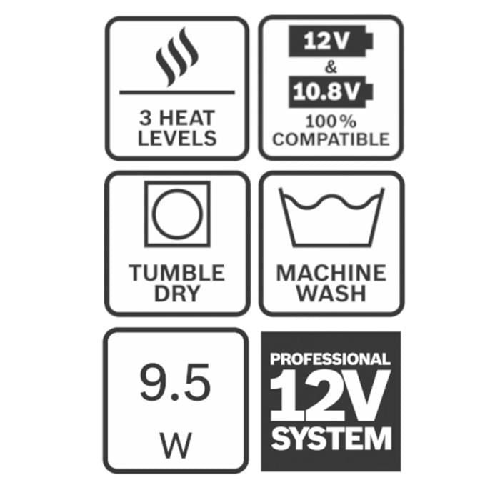 Veste chauffante Bosch Professional GHH 12+18V XA + GAA 12V-21 + Batterie GBA 12V 2,0Ah + Chargeur GAL 12V-20 Taille 2XL-06188000GF