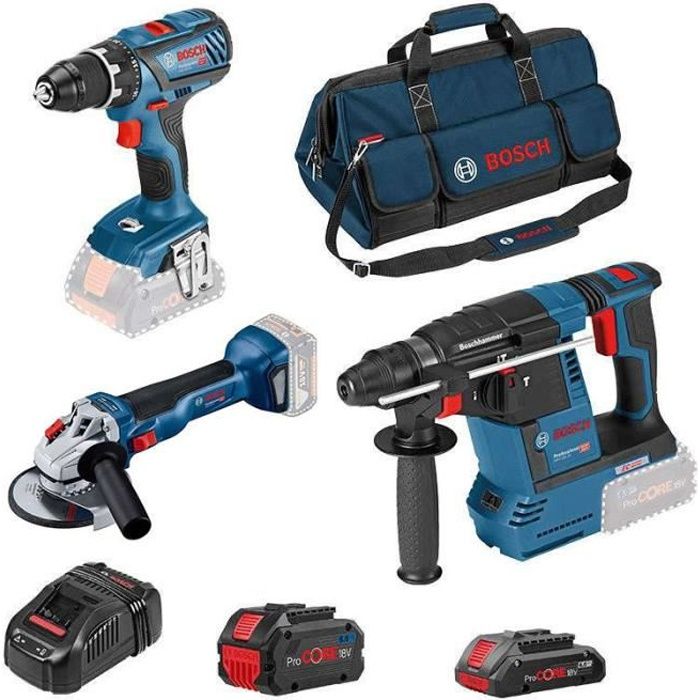 Combi-kit 3 outils 18V : GSR + GWS + GBH + 2 batteries ProCORE18V (1 de 4,0 Ah + 1 de 8,0 Ah) + chargeur GAL + sac a outils