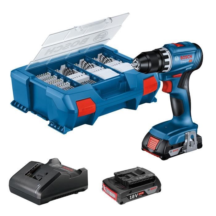 Perceuse-visseuse Bosch professional GSR 18V + 2 batteries 2,0Ah + chargeur + 82 pieces, en L-Case