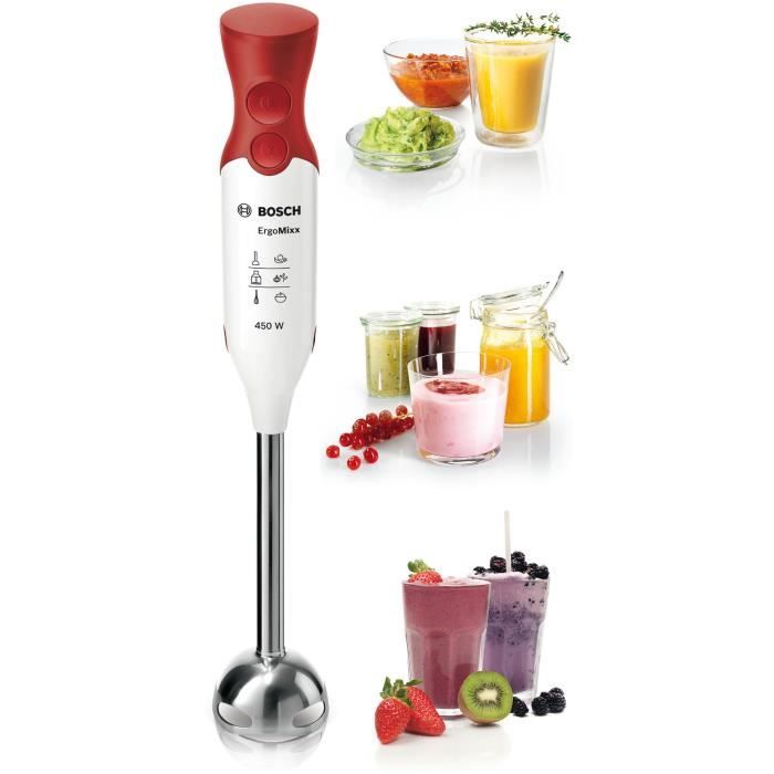 Mixeur plongeant BOSCH - 450W - Pied inox - 4 lames aiguisées - 2 vitesses - Bol gradué 600ml - blanc/rouge