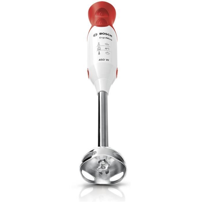 Mixeur plongeant BOSCH - 450W - Pied inox - 4 lames aiguisées - 2 vitesses - Bol gradué 600ml - blanc/rouge