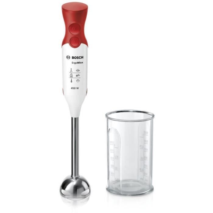 Mixeur plongeant BOSCH - 450W - Pied inox - 4 lames aiguisées - 2 vitesses - Bol gradué 600ml - blanc/rouge