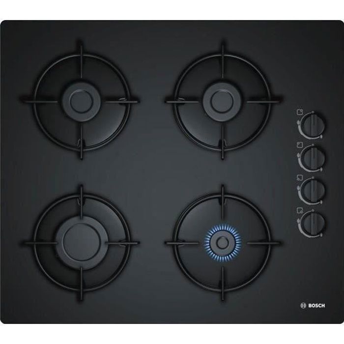 BOSCH POP6B6B10 Plaque de cuisson gaz - 4 foyers - 7400W - L56 x P48cm - Revetement verre trempé - Noir