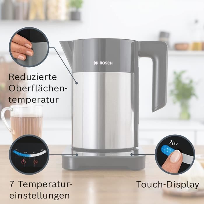 Bouilloire électrique programmable BOSCH TWK7203 - Noir et Inox - 1,7L - Socle 360° - Arret automatique