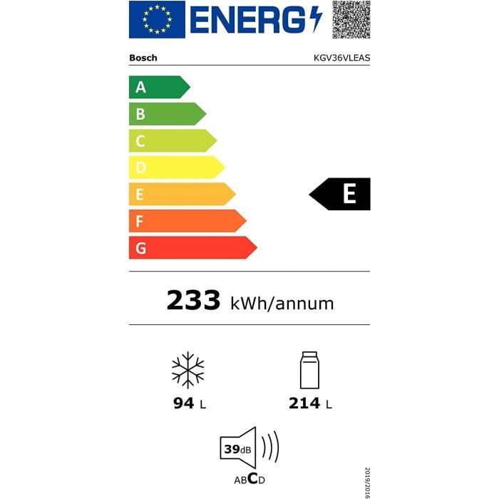 BOSCH KGV36VLEAS - Réfrigérateur congélateur bas-307 L (213+94 L)-Froid brassé - L 60 x H 186 cm - Inox