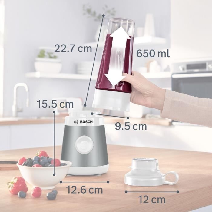 Mini Blender BOSCH VitaPower Serie 2 MMB2111T - Bol mixeur 0,8 L - 4 lames tranchantes inox - Haute vitesse de mixage - Argent