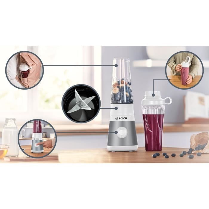 Mini Blender BOSCH VitaPower Serie 2 MMB2111T - Bol mixeur 0,8 L - 4 lames tranchantes inox - Haute vitesse de mixage - Argent