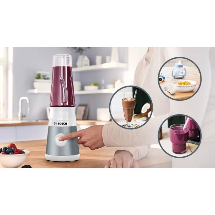 Mini Blender BOSCH VitaPower Serie 2 MMB2111T - Bol mixeur 0,8 L - 4 lames tranchantes inox - Haute vitesse de mixage - Argent