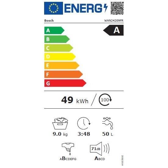 Lave-linge hublot BOSCH WAN24209FR SER4 - 9 kg - Induction - L60cm - 1200 trs/min - Classe A - Blanc