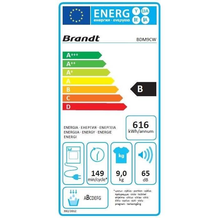 Seche-linge a condensation BRANDT BDM9CW - 9 kg - L60cm - Classe B - Blanc