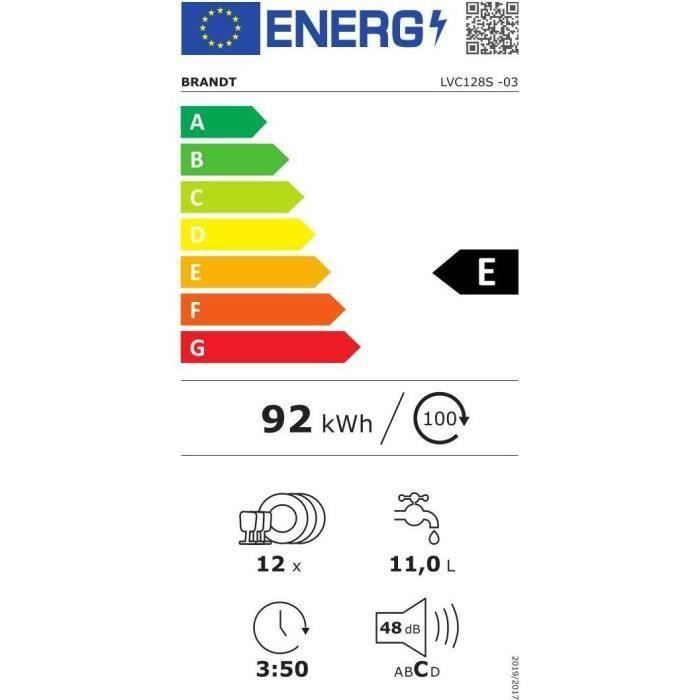 Lave-vaisselle pose libre BRANDT LVC128S - 12 couverts - Induction - L60cm - 48dB - Silver