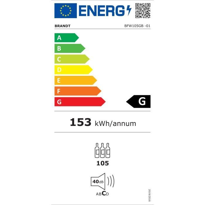 CAVE A VIN BRANDT BFW105GB - 105 BOUTEILLES - POSE LIBRE - 201 LITRES - H128.5 x l48 x P57.5 - NOIR