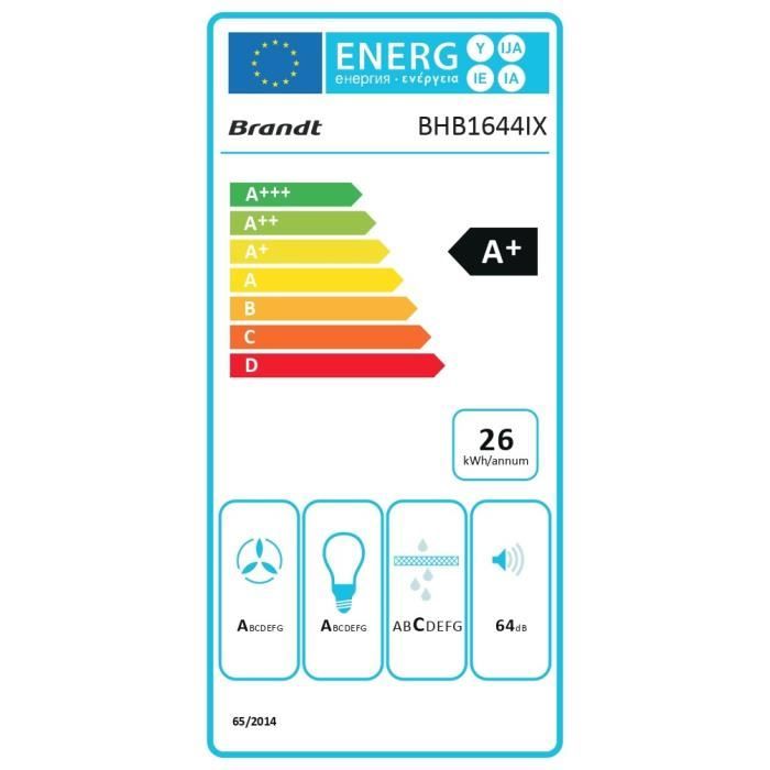 Hotte décorative murale BRANDT BHB1644IX - 60cm - Evacuation & recyclage - Inox + Verre - 552 m3/h