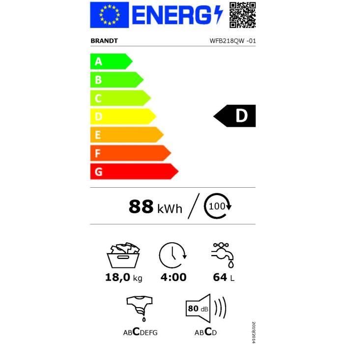 Lave-linge hublot BRANDT WFB218QW - 18 kg - Induction - L70cm - 1000 trs/min - Blanc