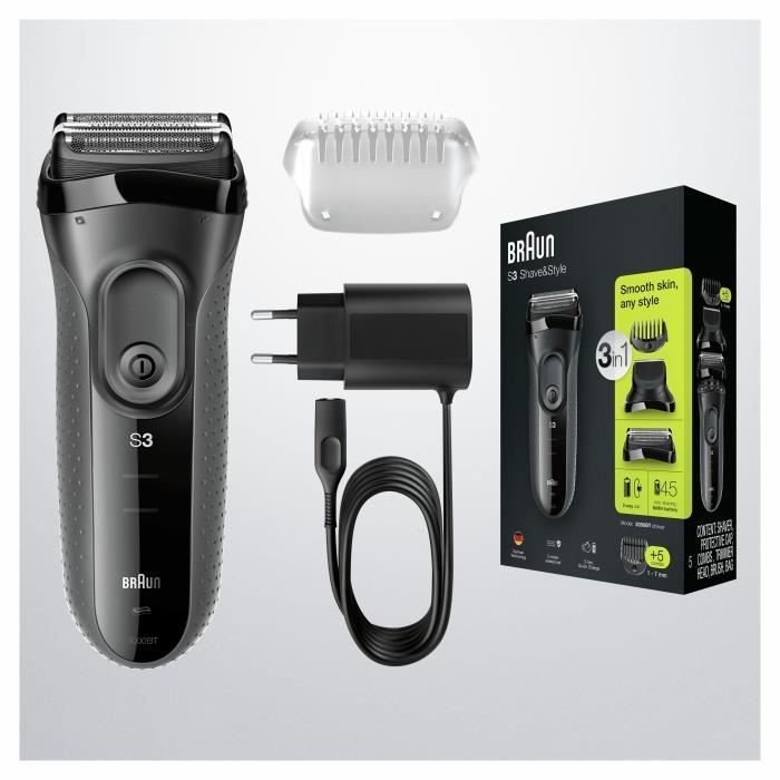 Rasoir électrique sans fil BRAUN Series 3 Shave&Style 3000BT - outil 3 en 1 avec tondeuse a barbe - Noir