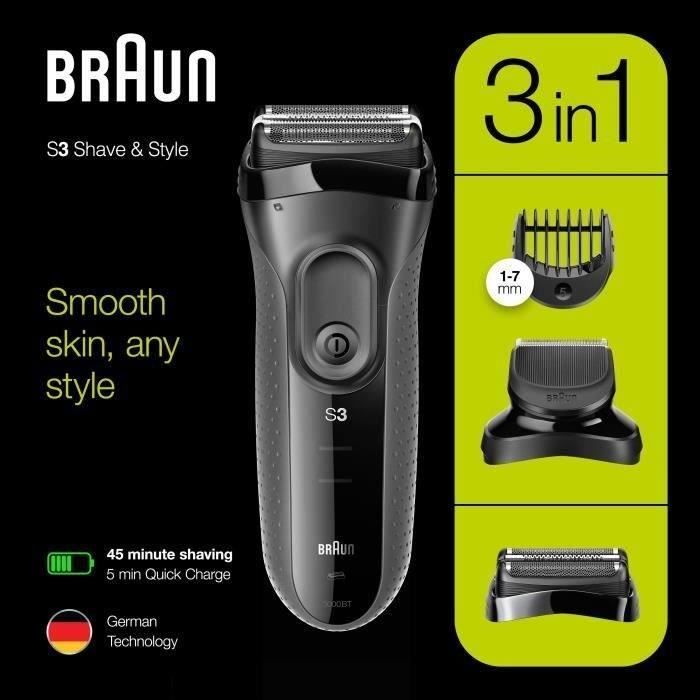 Rasoir électrique sans fil BRAUN Series 3 Shave&Style 3000BT - outil 3 en 1 avec tondeuse a barbe - Noir