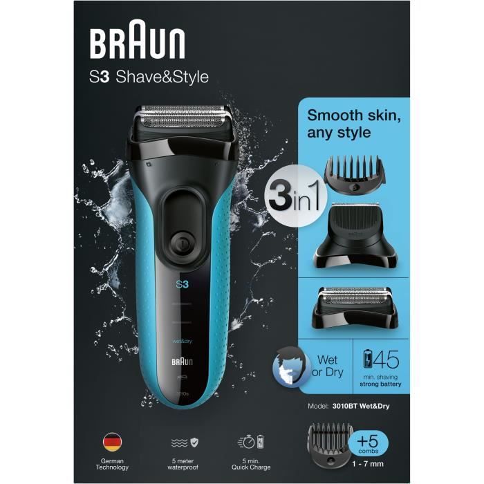 Rasoir électrique barbe homme - BRAUN - Series 3 Shave & Style 3010BT - Technologie Wet & Dry - Noir / Bleu