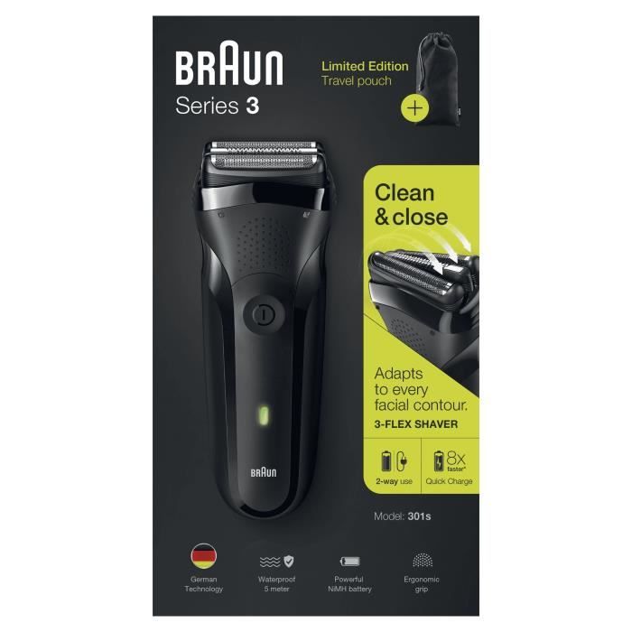 Rasoir électrique BRAUN Series 3 301s - sans fil - avec étui - noir