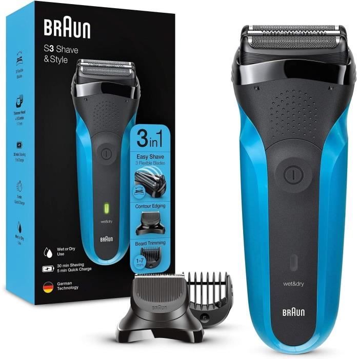 Rasoir électrique sans fil BRAUN Series 3 Shave & Style - 3 lames flexibles - 5 sabots - Noir/Bleu