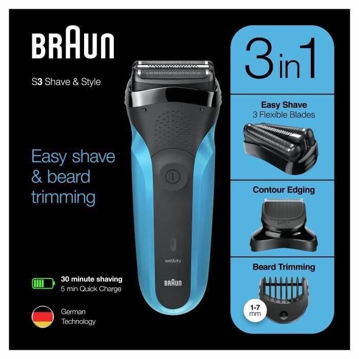 Rasoir électrique sans fil BRAUN Series 3 Shave & Style - 3 lames flexibles - 5 sabots - Noir/Bleu