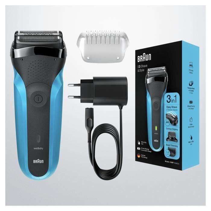 Rasoir électrique sans fil BRAUN Series 3 Shave & Style - 3 lames flexibles - 5 sabots - Noir/Bleu