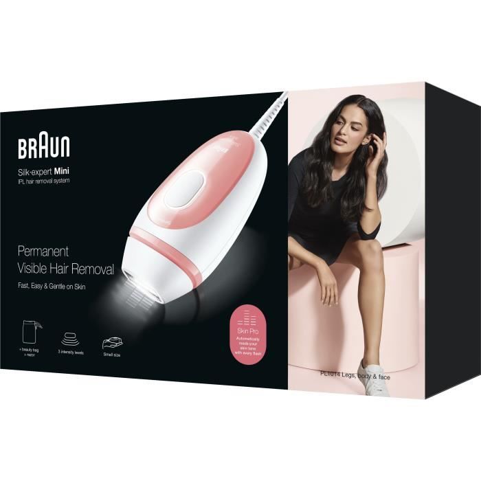 Braun Silk·expert Mini PL1014, Épilateur a Lumiere Pulsée, Épilation Semi-Définitive, Blanc/Rose, Avec Pochette De Voyage