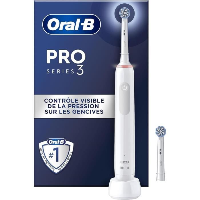 Brosse a Dents Électrique Oral-B Pro 3 3000 Blanche - 2 Brossettes - Tete Ronde - 3 Modes de Brossage