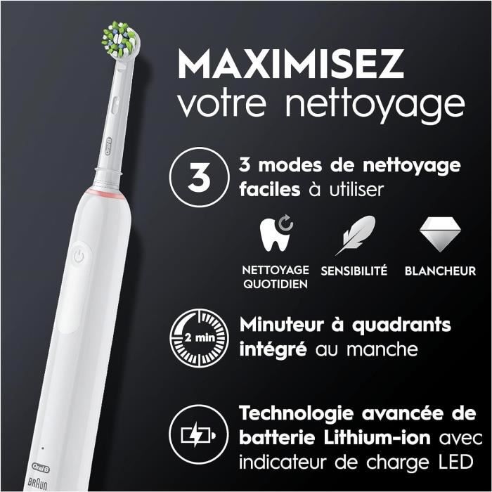 Brosse a Dents Électrique Oral-B Pro 3 3000 Blanche - 2 Brossettes - Tete Ronde - 3 Modes de Brossage