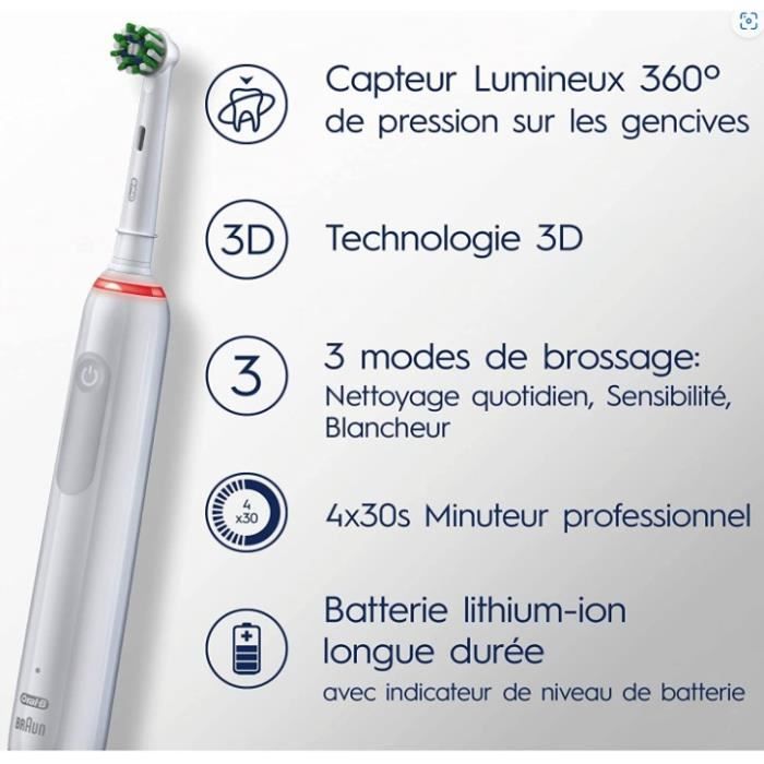 Brosse a Dents Électrique Oral-B Pro 3 3000 Blanche - 2 Brossettes - Tete Ronde - 3 Modes de Brossage