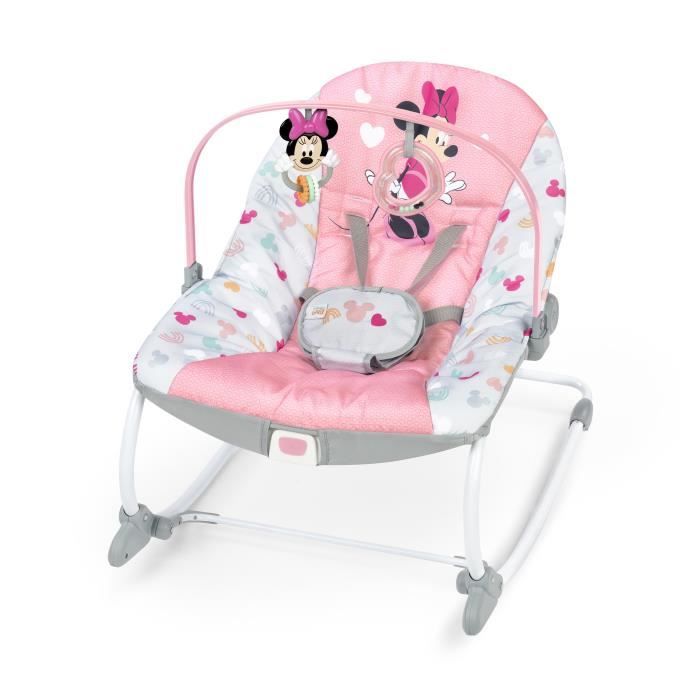 DISNEY BABY Transat évolutif (utilisable jusqu'a 30 mois) - Minnie My Best Friend, 2 jouets inclus, Vibrations automatiques, Harnais