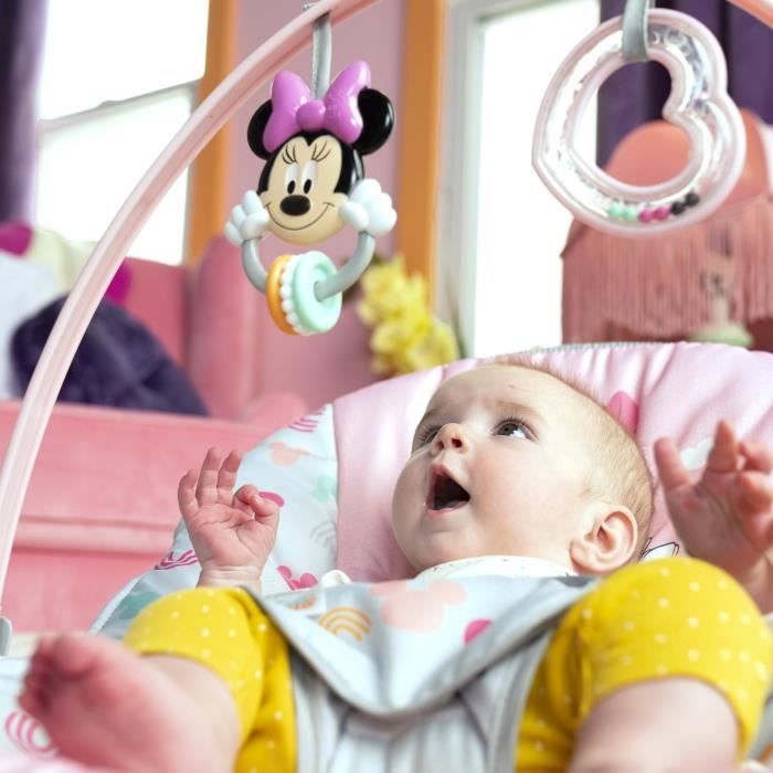 DISNEY BABY Transat évolutif (utilisable jusqu'a 30 mois) - Minnie My Best Friend, 2 jouets inclus, Vibrations automatiques, Harnais