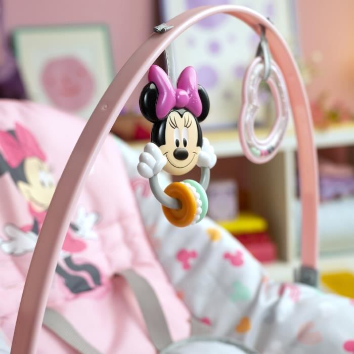 DISNEY BABY Transat évolutif (utilisable jusqu'a 30 mois) - Minnie My Best Friend, 2 jouets inclus, Vibrations automatiques, Harnais