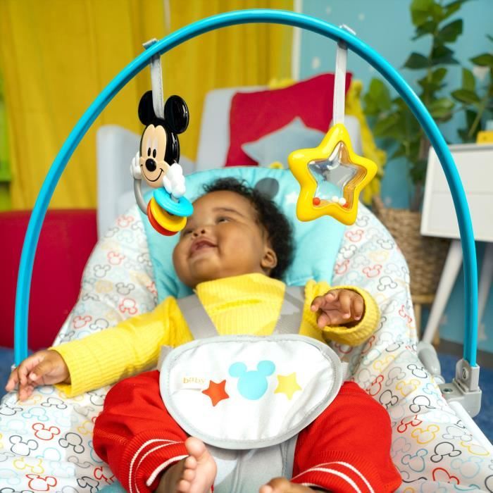 DISNEY BABY Transat évolutif (utilisable jusqu'a 30 mois) - Mickey My Best Friend, 2 jouets inclus, Vibrations automatiques, Harnais