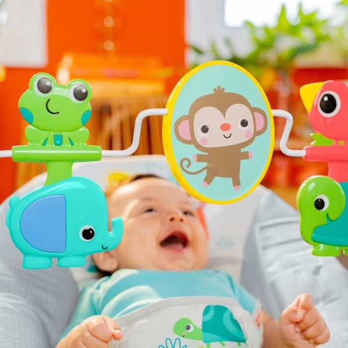 BRIGHT STARTS Transat bébé Animaux, Vibrations apaisantes, Arche d'éveil avec jouets interactifs