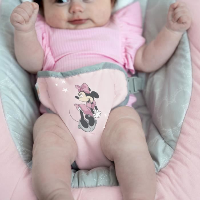 DISNEY BABY Transat Minnie Jolie en Rose, Cale tete ergonomique amovible, Vibrations, 7 mélodies, Arche d'éveil avec 3 jouets