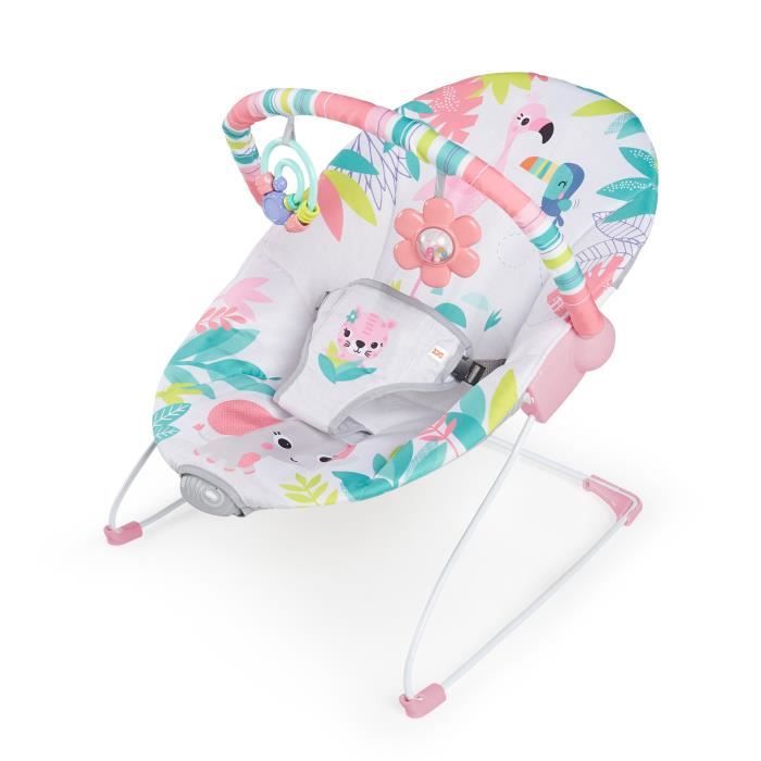 BRIGHT STARTS Transat bébé Flamant Rose, Vibrations apaisantes, Arche d'éveil avec jouets interactifs