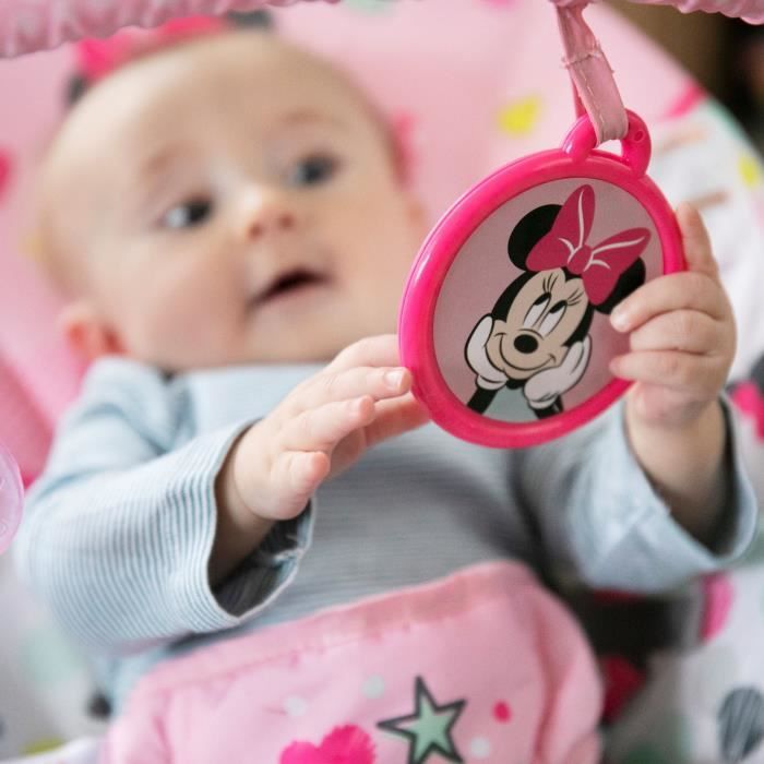 DISNEY BABY Transat Minnie Confettis, Vibrations, 2 Jouets, Harnais 3 point d'attache, Lavable en machine