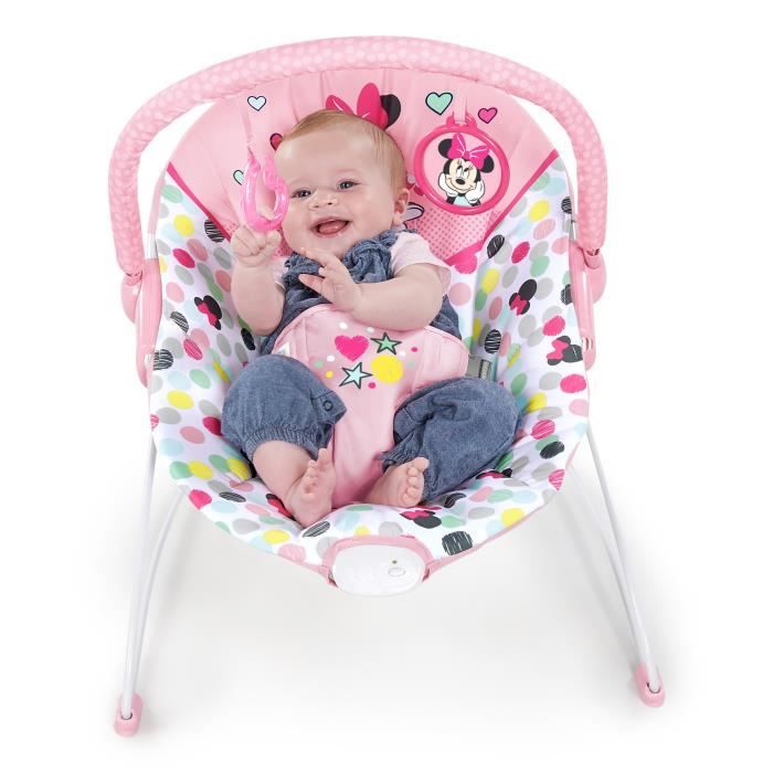 DISNEY BABY Transat Minnie Confettis, Vibrations, 2 Jouets, Harnais 3 point d'attache, Lavable en machine