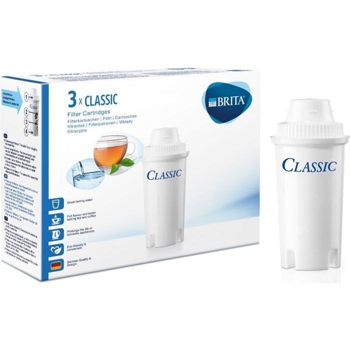 Cartouches filtrantes BRITA Classic - Pack de 3 - Réduction de tartre, chlore et impuretés - Blanc