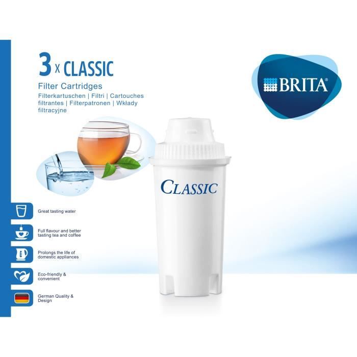 Cartouches filtrantes BRITA Classic - Pack de 3 - Réduction de tartre, chlore et impuretés - Blanc