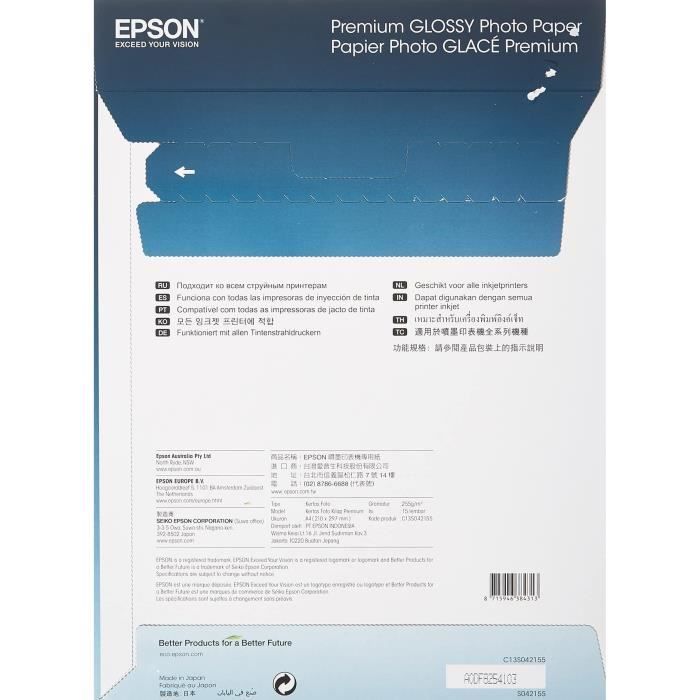 Papier photo brillant premium - EPSON - A4 - 255g/m2 - 2x15 feuilles