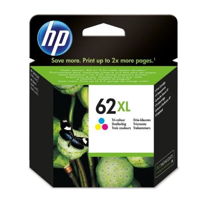 HP 62XL Cartouche d'encre trois couleurs grande capacité authentique (C2P07AE) pour Officejet Mobile 250, Envy 5540/5640/7640