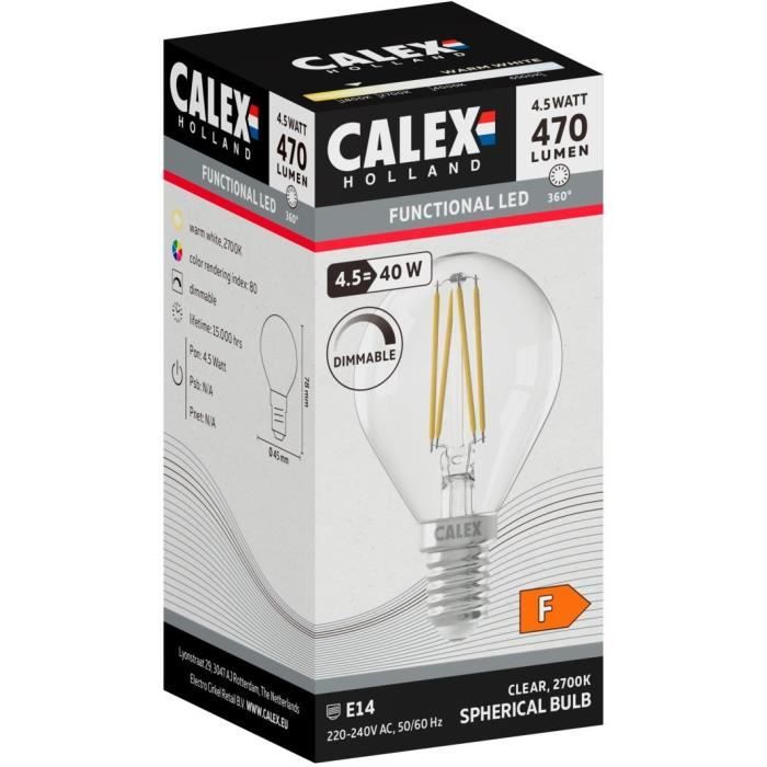 Ampoule LED E14 - CALEX - BALL P45 - Filament droit - 4,5 W - 470 lm - 2700 K - Intensité variable - Transparente